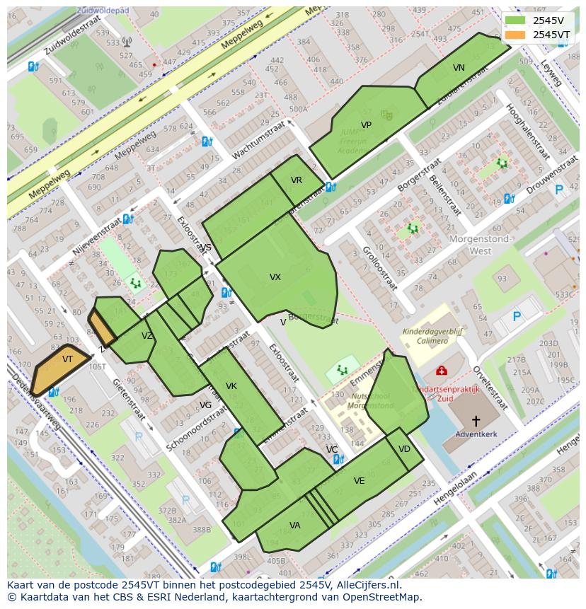 Afbeelding van het postcodegebied 2545 VT op de kaart.
