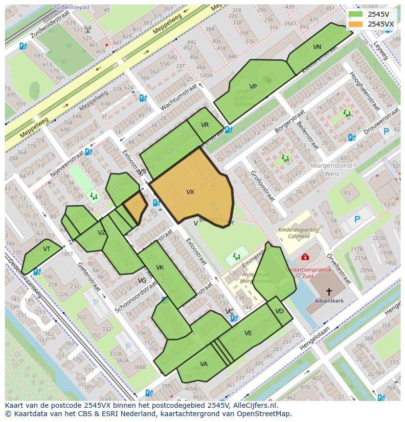 Afbeelding van het postcodegebied 2545 VX op de kaart.