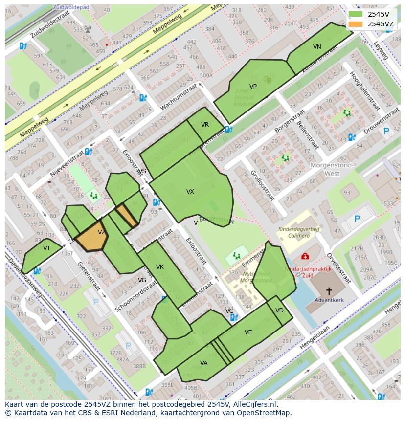 Afbeelding van het postcodegebied 2545 VZ op de kaart.