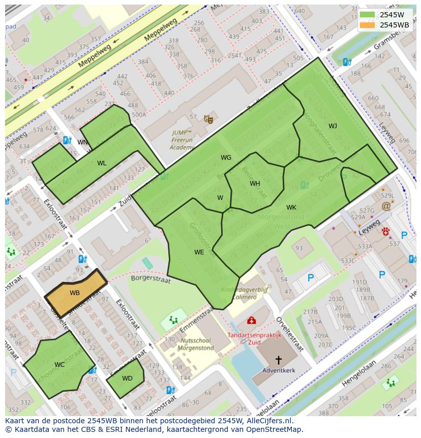 Afbeelding van het postcodegebied 2545 WB op de kaart.
