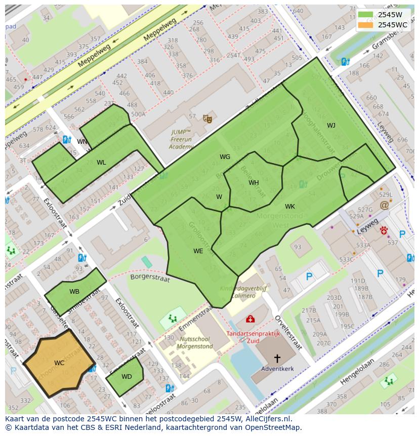 Afbeelding van het postcodegebied 2545 WC op de kaart.