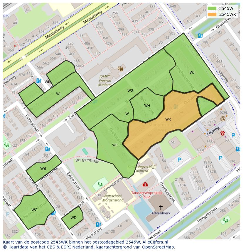 Afbeelding van het postcodegebied 2545 WK op de kaart.