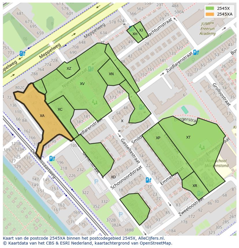 Afbeelding van het postcodegebied 2545 XA op de kaart.