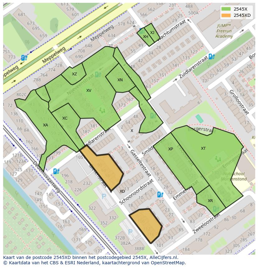 Afbeelding van het postcodegebied 2545 XD op de kaart.