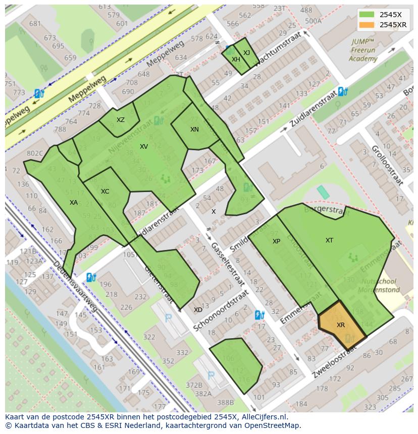 Afbeelding van het postcodegebied 2545 XR op de kaart.