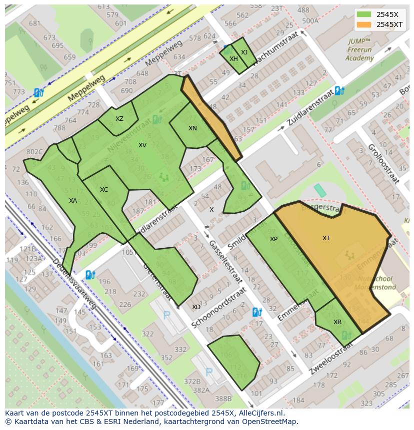 Afbeelding van het postcodegebied 2545 XT op de kaart.