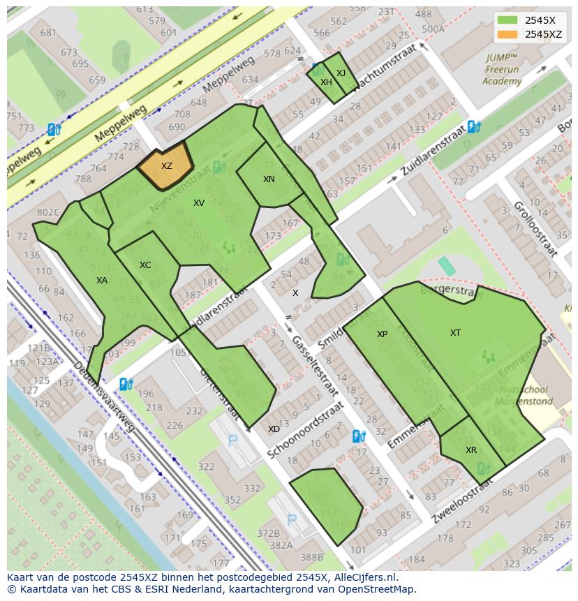 Afbeelding van het postcodegebied 2545 XZ op de kaart.