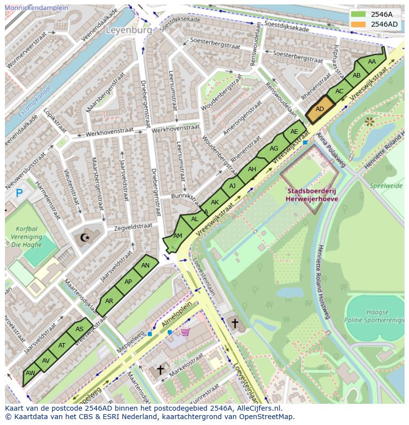 Afbeelding van het postcodegebied 2546 AD op de kaart.