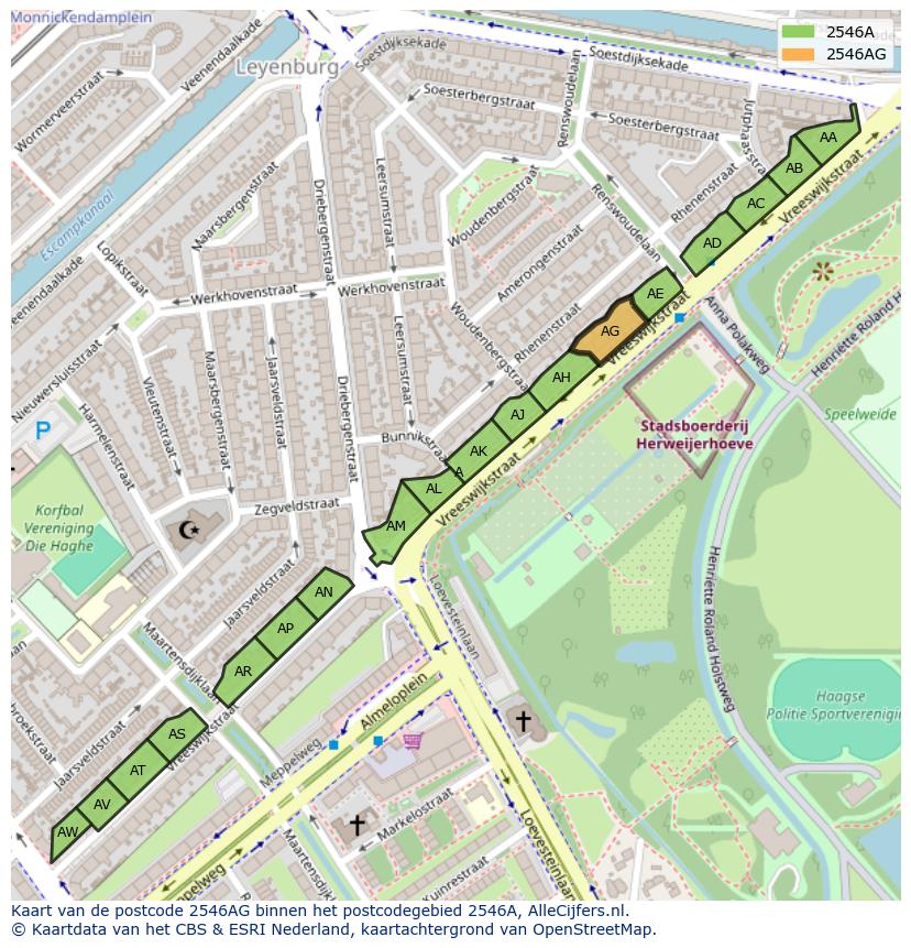 Afbeelding van het postcodegebied 2546 AG op de kaart.