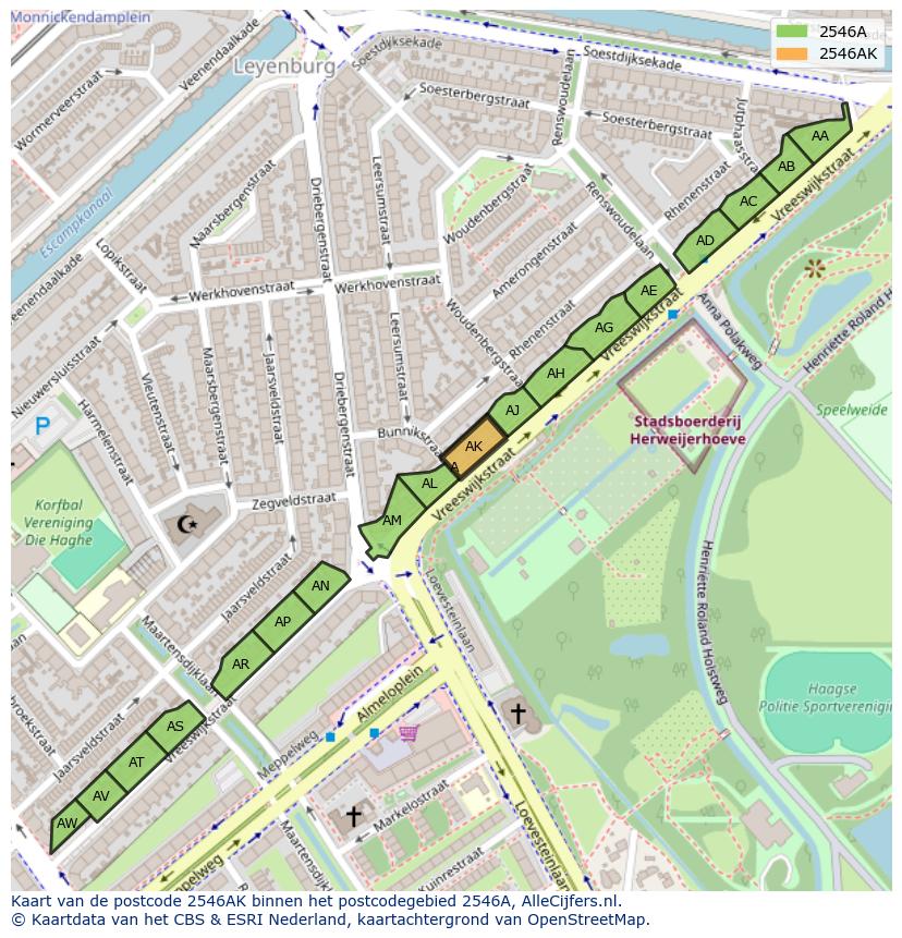 Afbeelding van het postcodegebied 2546 AK op de kaart.