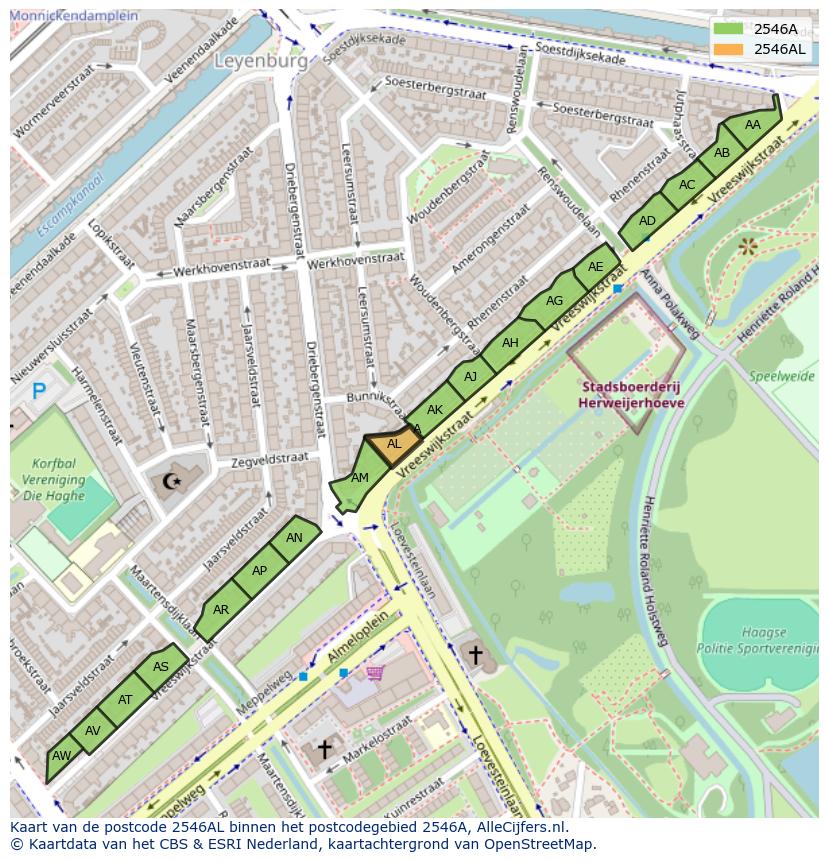 Afbeelding van het postcodegebied 2546 AL op de kaart.