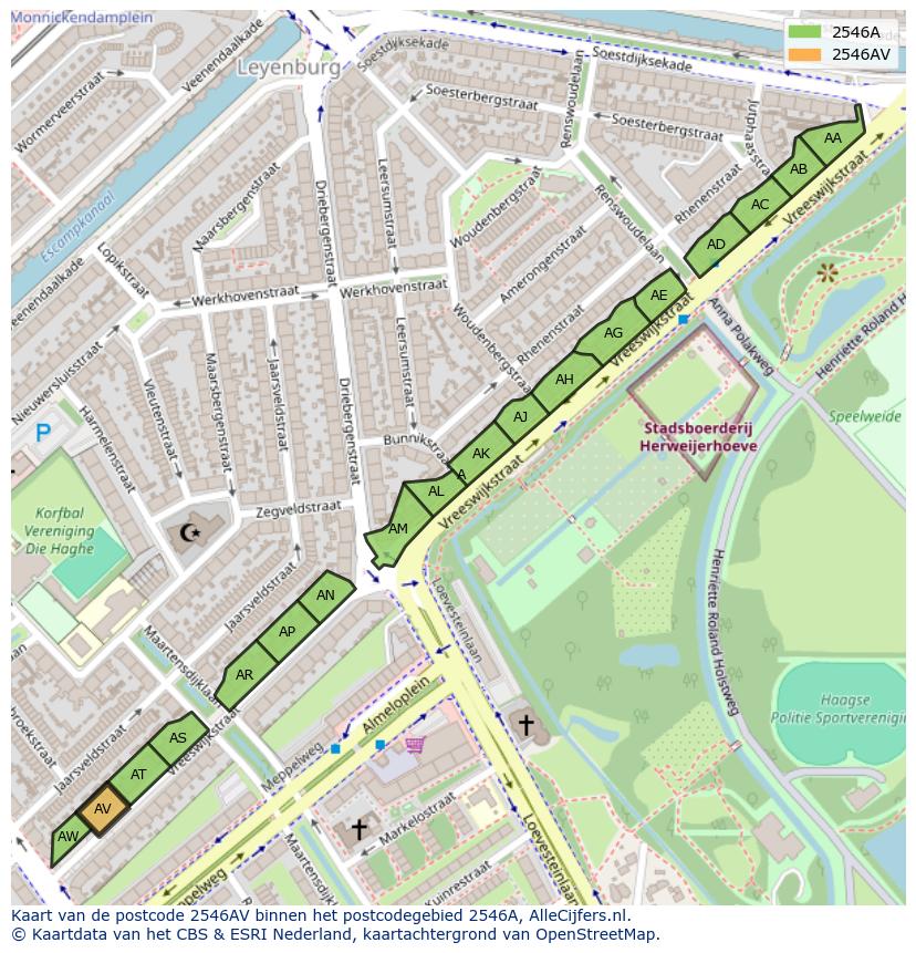 Afbeelding van het postcodegebied 2546 AV op de kaart.