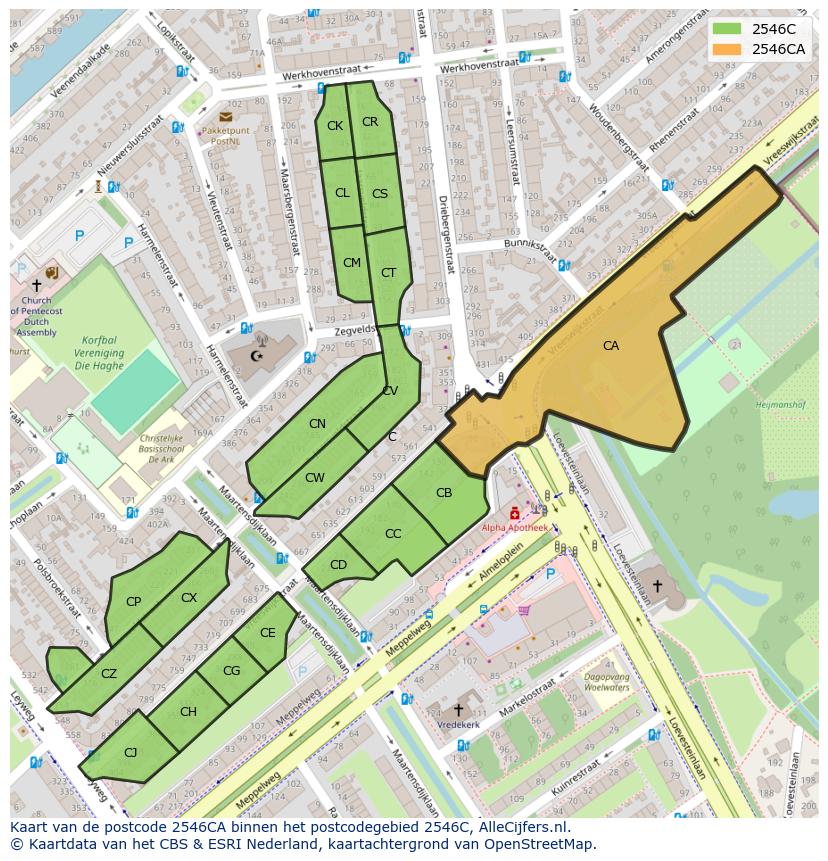 Afbeelding van het postcodegebied 2546 CA op de kaart.