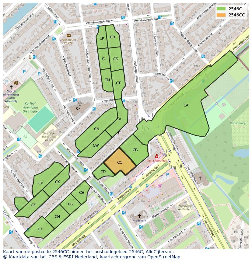 Afbeelding van het postcodegebied 2546 CC op de kaart.