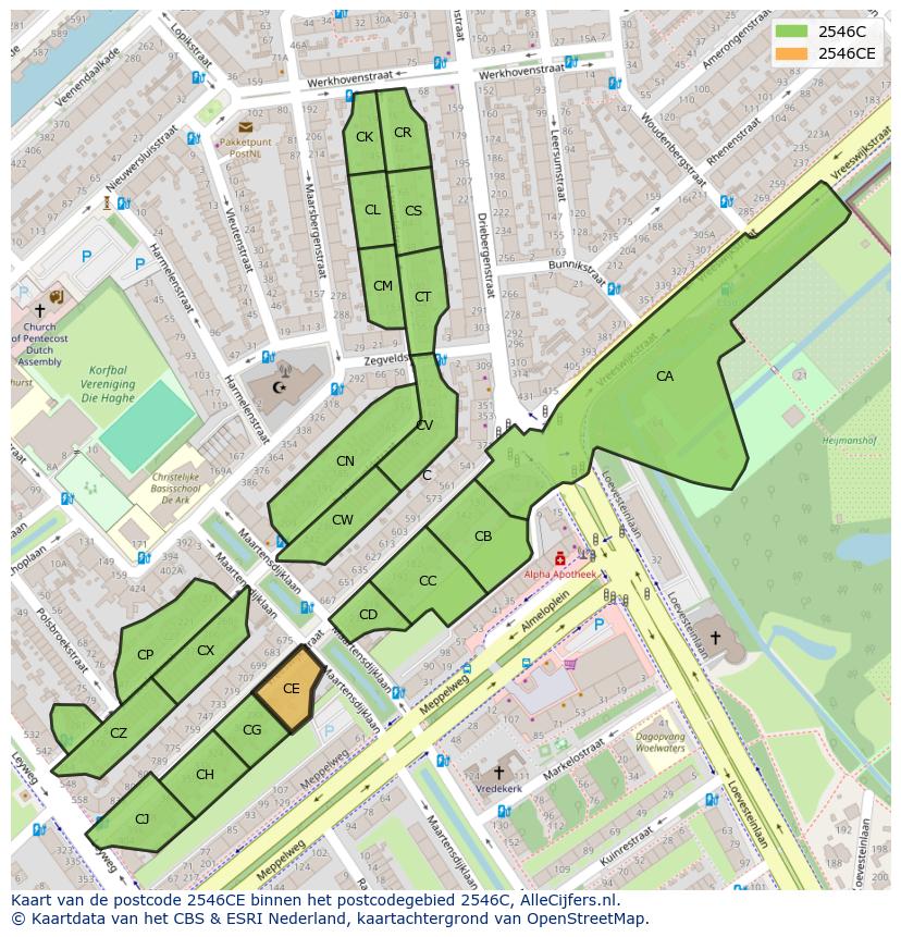 Afbeelding van het postcodegebied 2546 CE op de kaart.