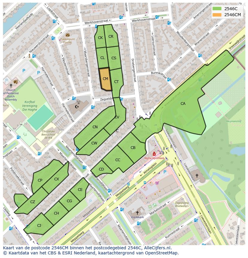 Afbeelding van het postcodegebied 2546 CM op de kaart.