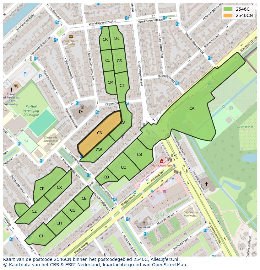 Afbeelding van het postcodegebied 2546 CN op de kaart.
