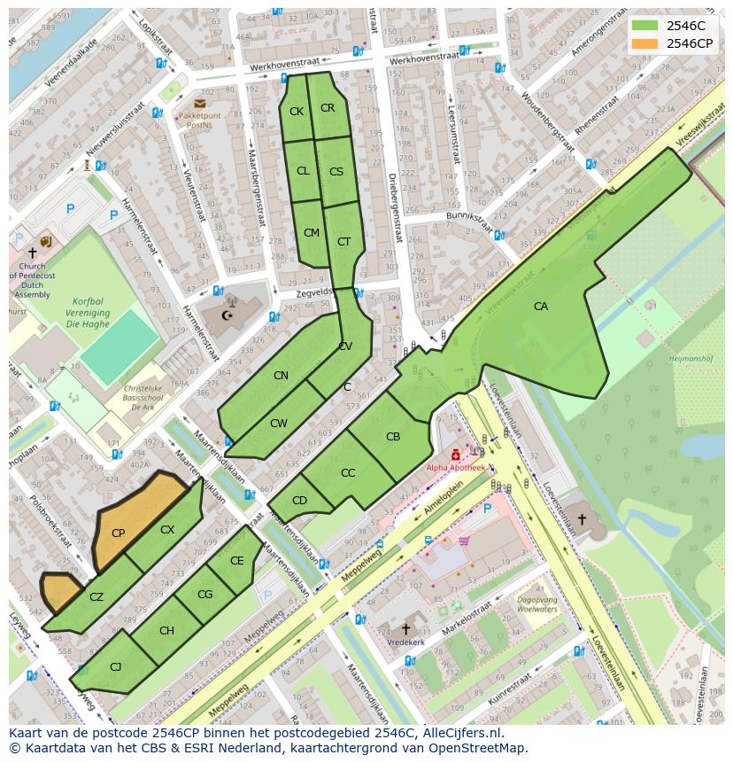 Afbeelding van het postcodegebied 2546 CP op de kaart.