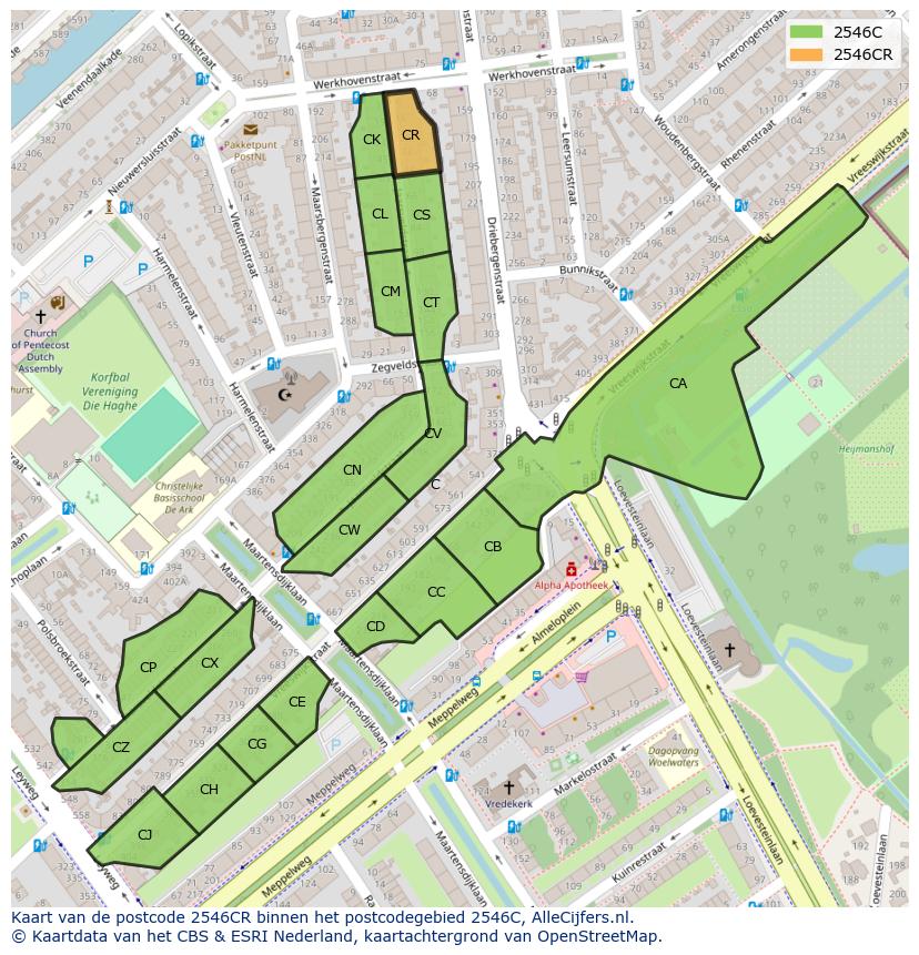 Afbeelding van het postcodegebied 2546 CR op de kaart.