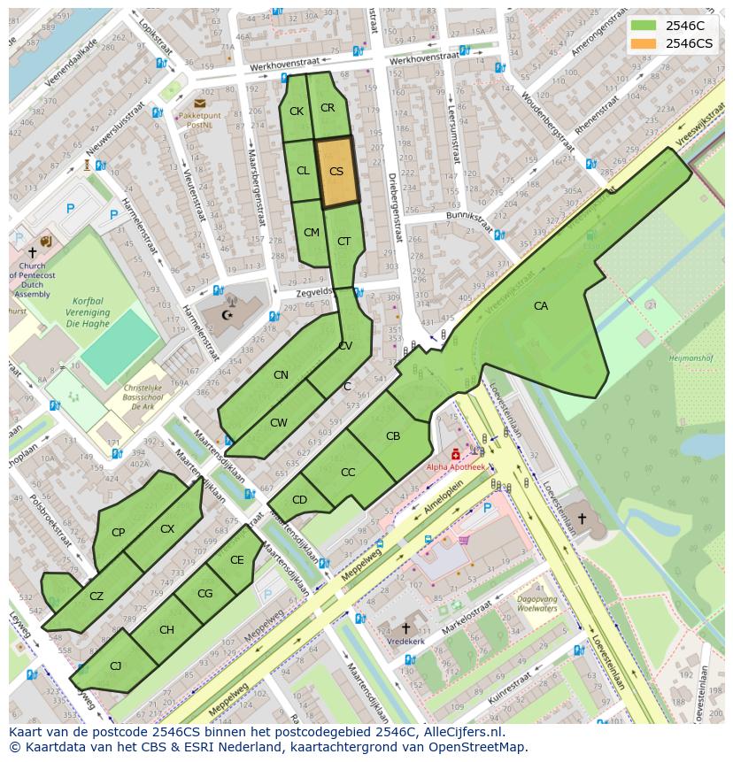 Afbeelding van het postcodegebied 2546 CS op de kaart.