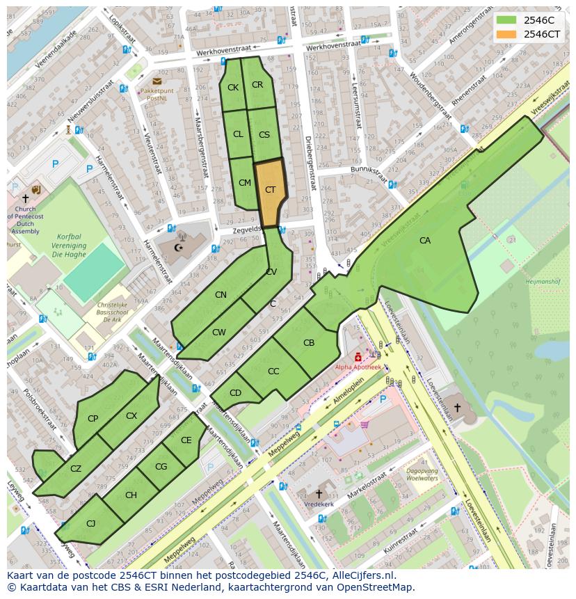 Afbeelding van het postcodegebied 2546 CT op de kaart.