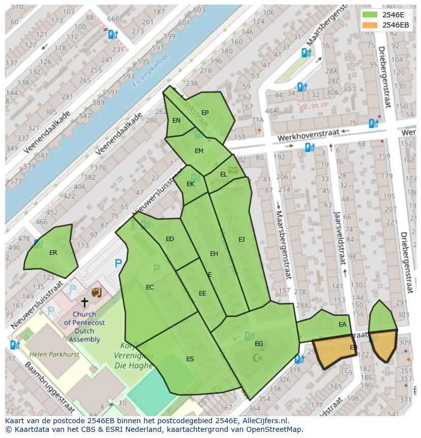 Afbeelding van het postcodegebied 2546 EB op de kaart.