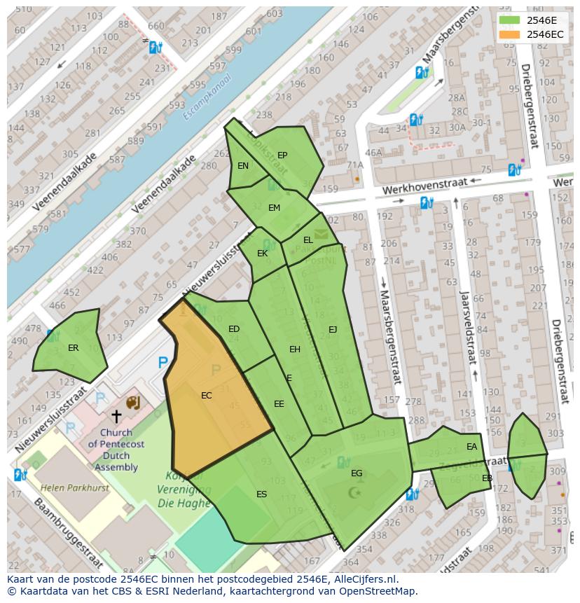 Afbeelding van het postcodegebied 2546 EC op de kaart.