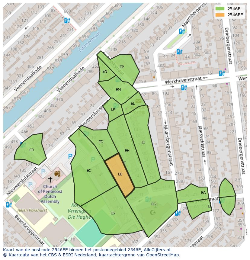 Afbeelding van het postcodegebied 2546 EE op de kaart.