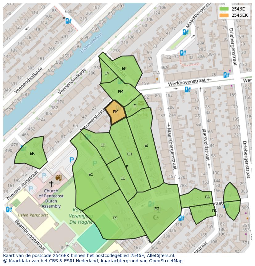Afbeelding van het postcodegebied 2546 EK op de kaart.