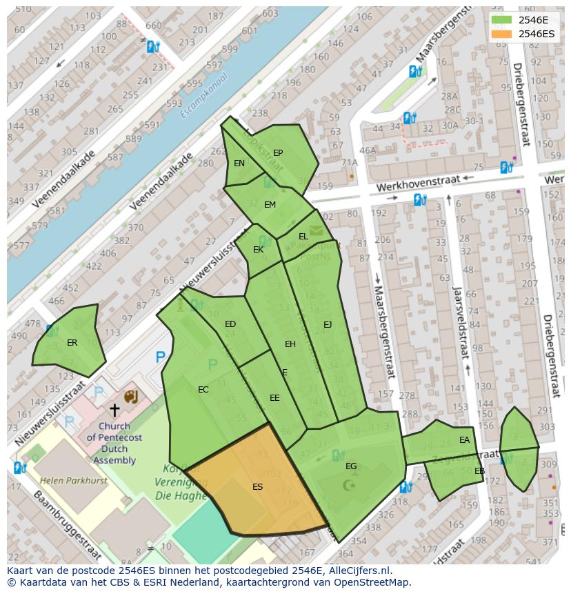 Afbeelding van het postcodegebied 2546 ES op de kaart.