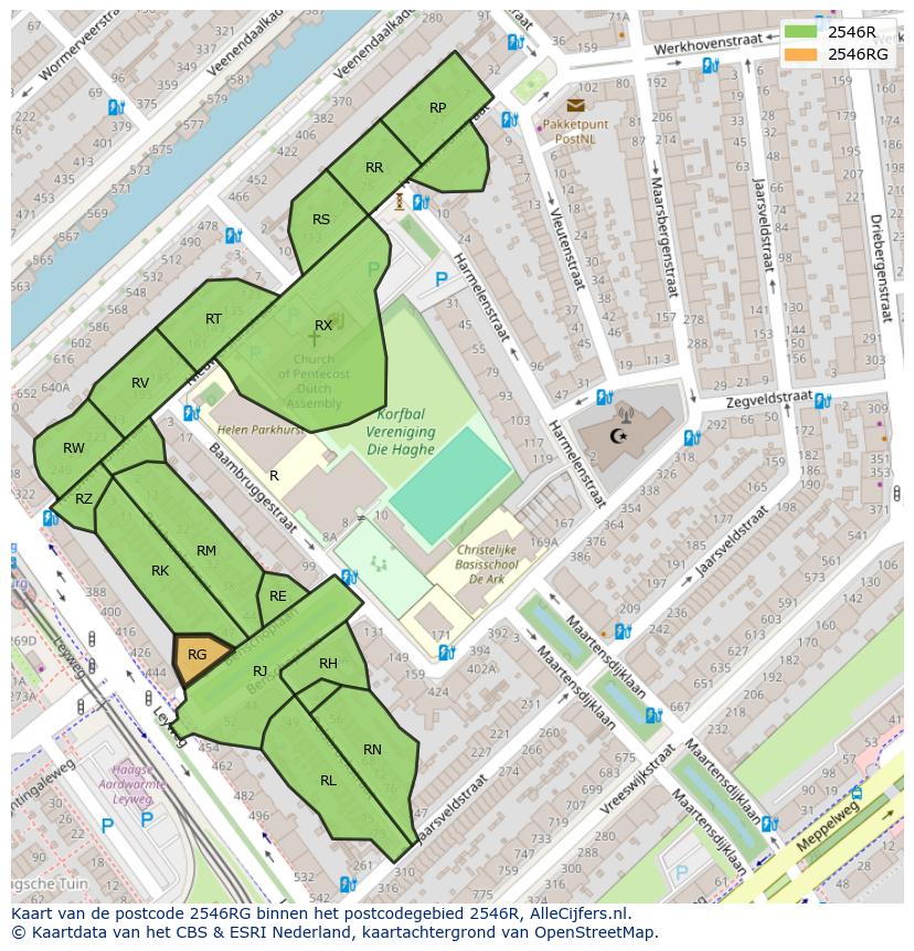 Afbeelding van het postcodegebied 2546 RG op de kaart.