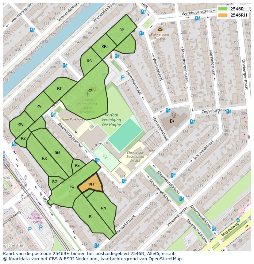 Afbeelding van het postcodegebied 2546 RH op de kaart.