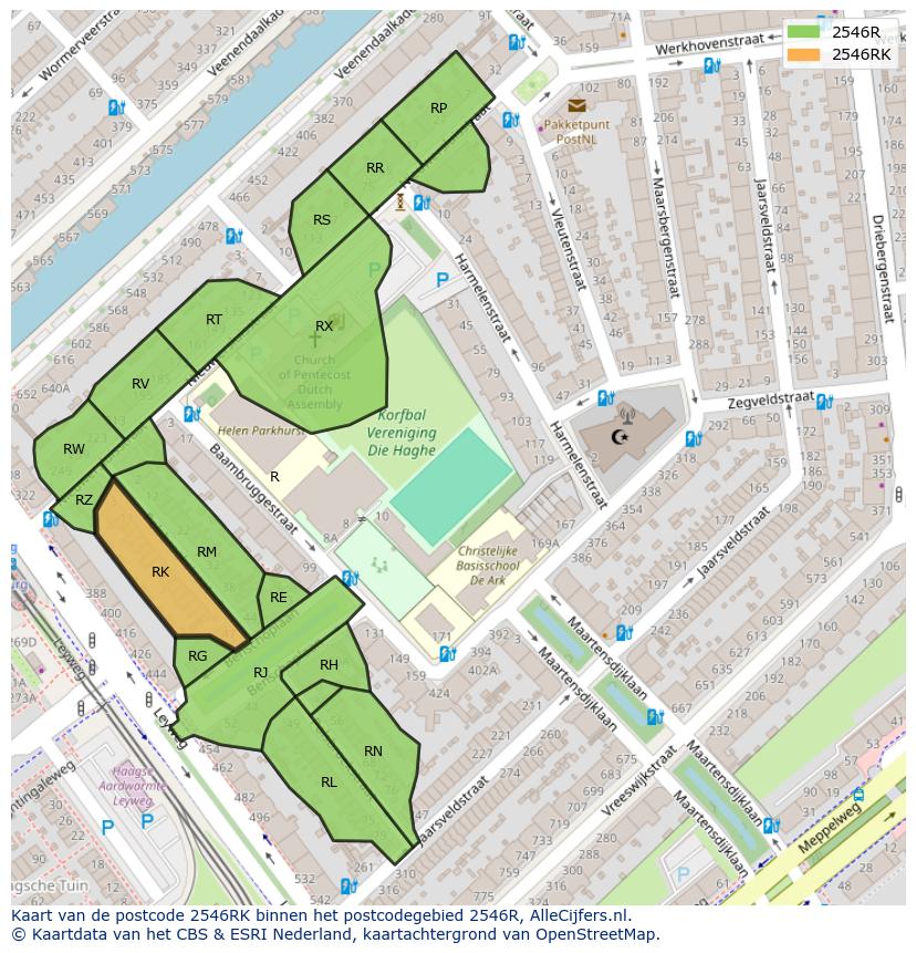 Afbeelding van het postcodegebied 2546 RK op de kaart.