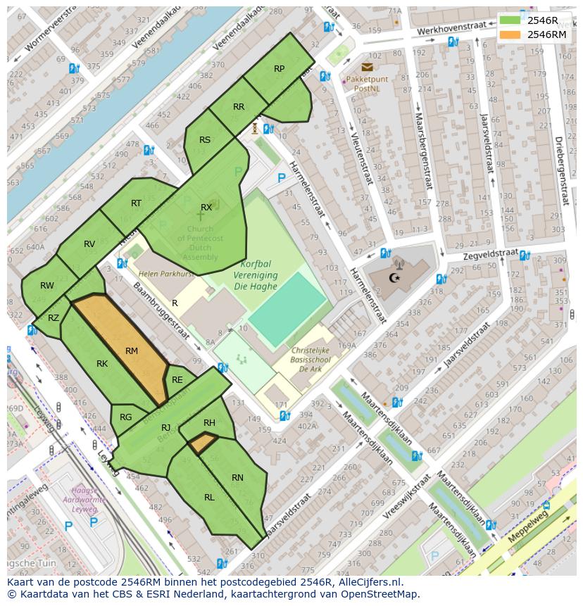 Afbeelding van het postcodegebied 2546 RM op de kaart.