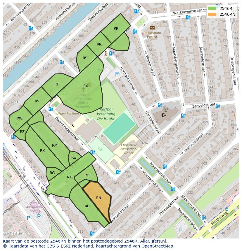 Afbeelding van het postcodegebied 2546 RN op de kaart.