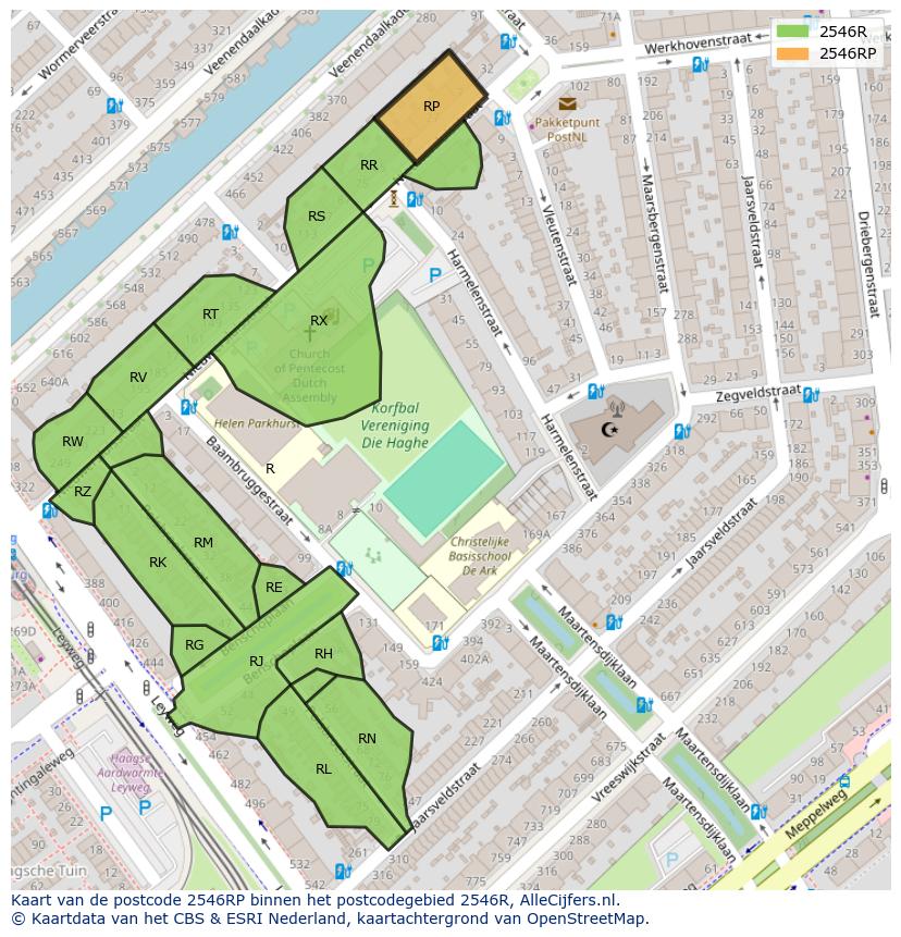 Afbeelding van het postcodegebied 2546 RP op de kaart.