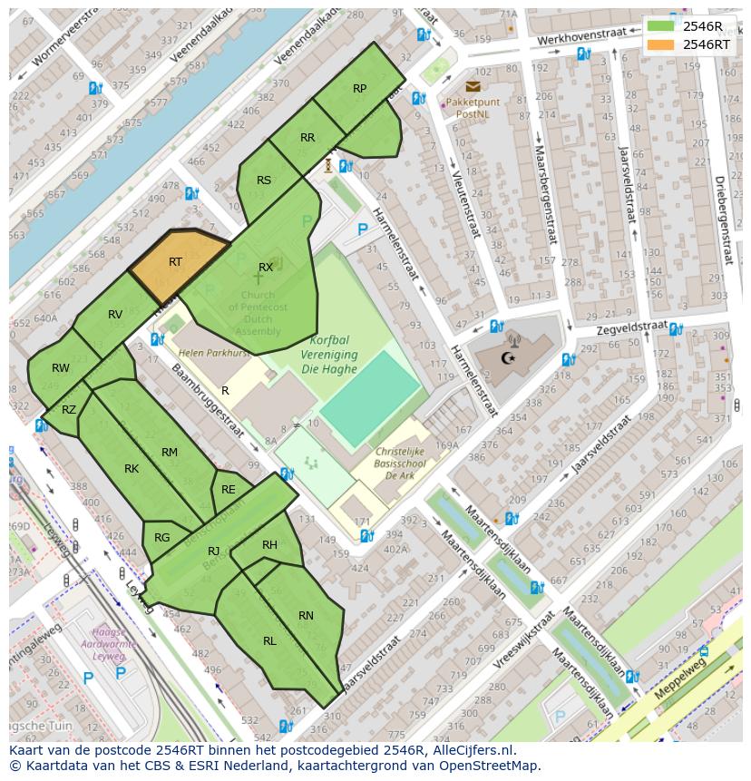 Afbeelding van het postcodegebied 2546 RT op de kaart.