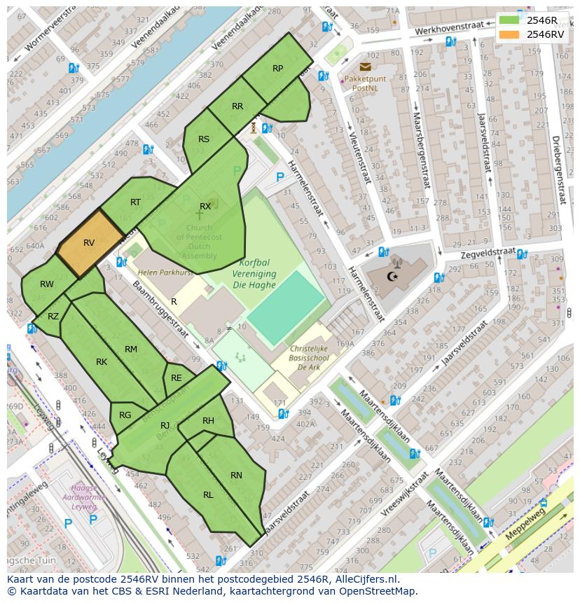 Afbeelding van het postcodegebied 2546 RV op de kaart.