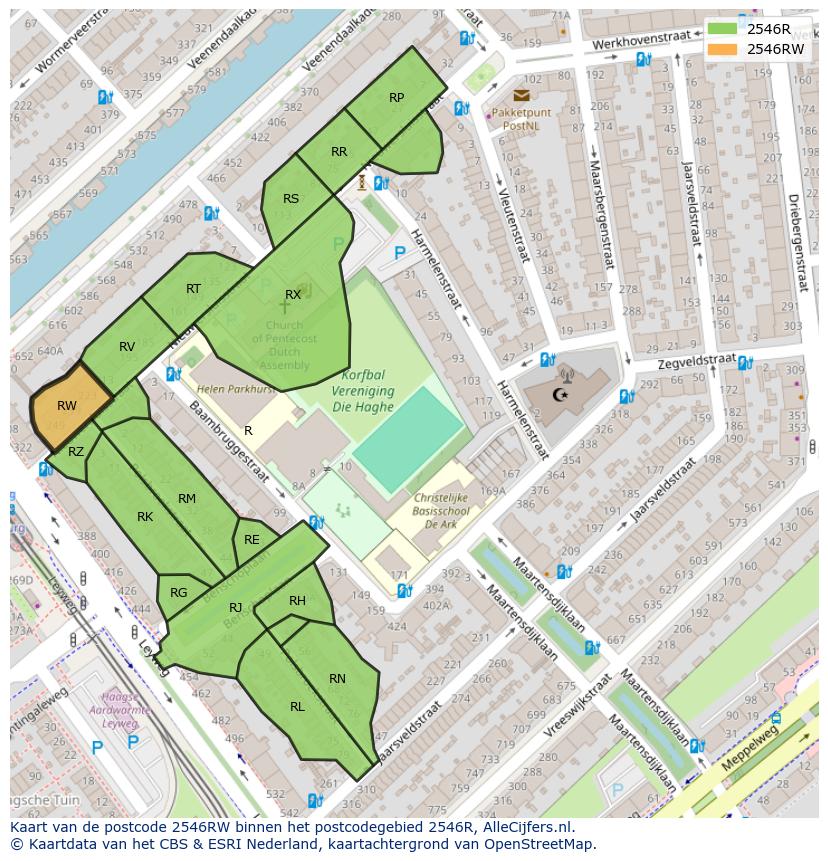 Afbeelding van het postcodegebied 2546 RW op de kaart.