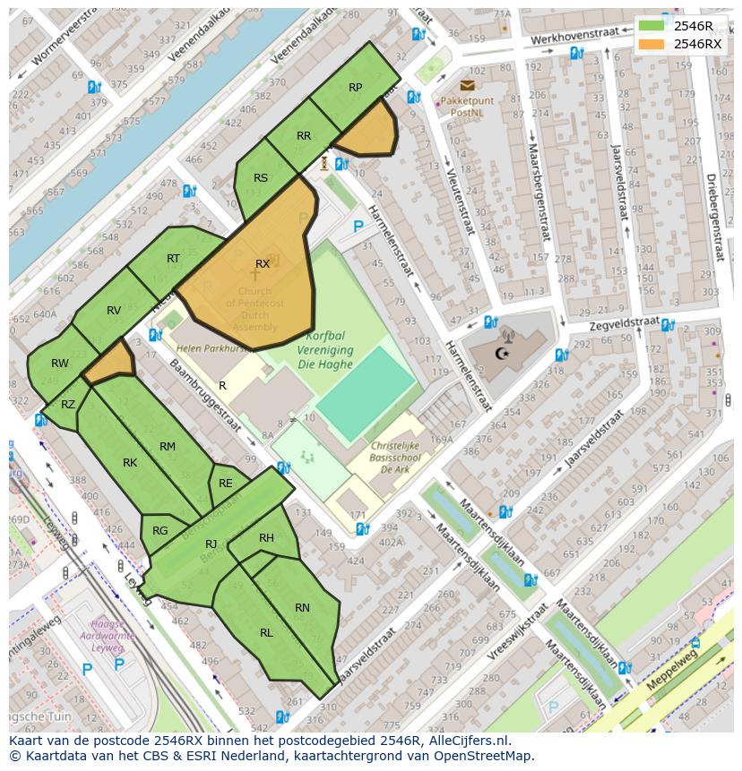 Afbeelding van het postcodegebied 2546 RX op de kaart.