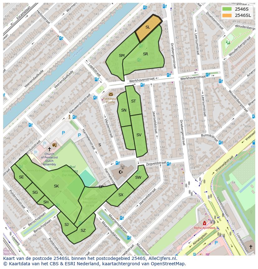 Afbeelding van het postcodegebied 2546 SL op de kaart.