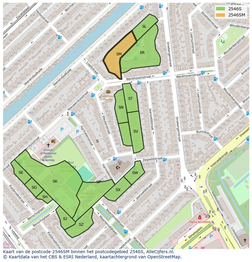 Afbeelding van het postcodegebied 2546 SM op de kaart.