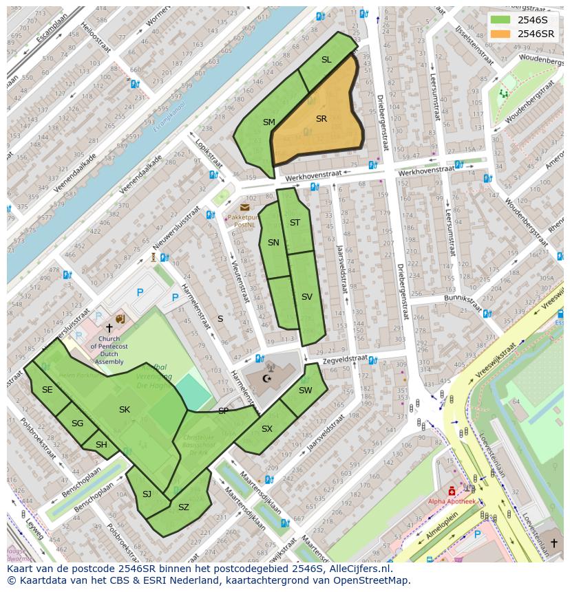 Afbeelding van het postcodegebied 2546 SR op de kaart.