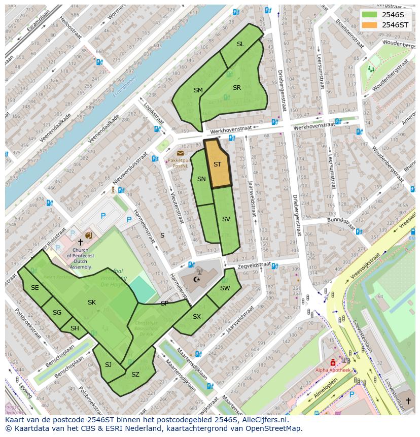 Afbeelding van het postcodegebied 2546 ST op de kaart.