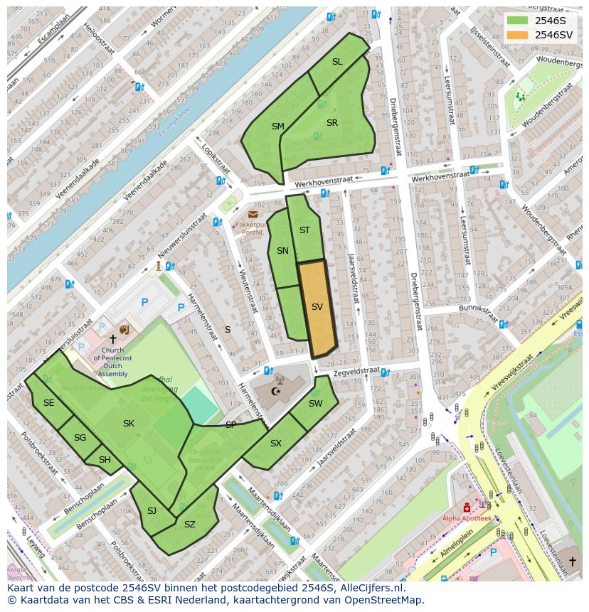 Afbeelding van het postcodegebied 2546 SV op de kaart.