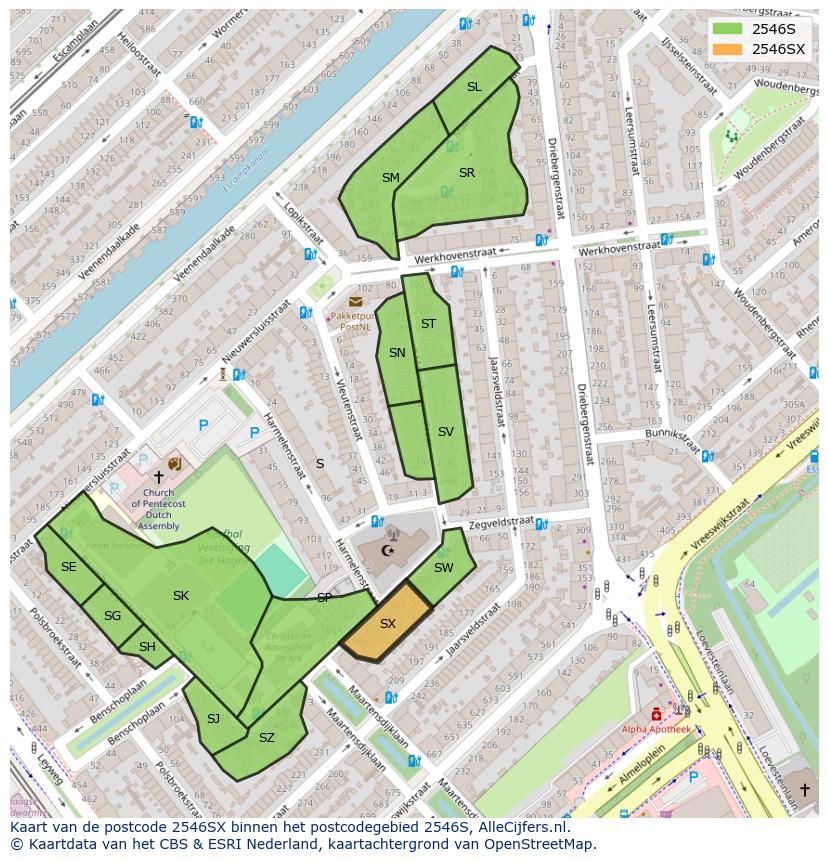 Afbeelding van het postcodegebied 2546 SX op de kaart.