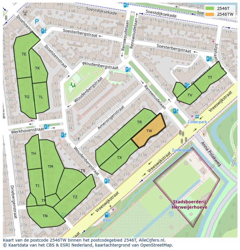 Afbeelding van het postcodegebied 2546 TW op de kaart.