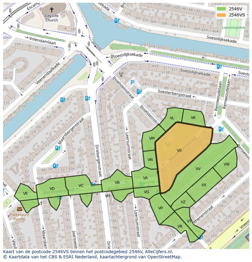 Afbeelding van het postcodegebied 2546 VS op de kaart.