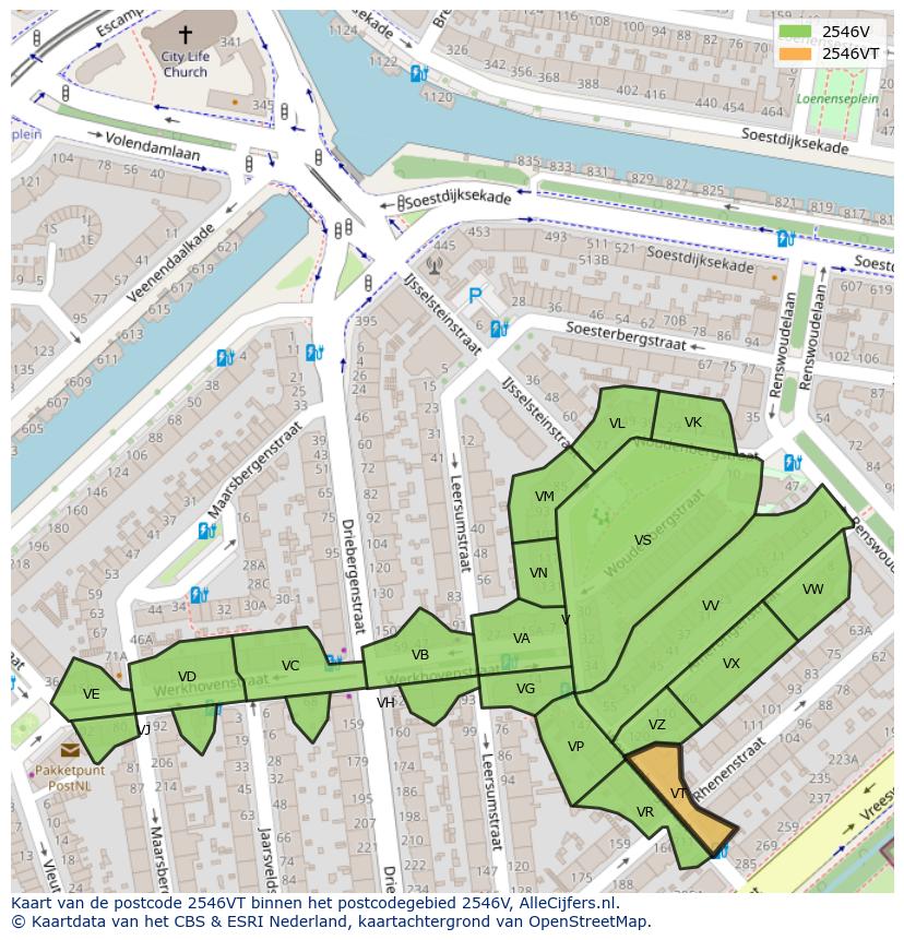 Afbeelding van het postcodegebied 2546 VT op de kaart.