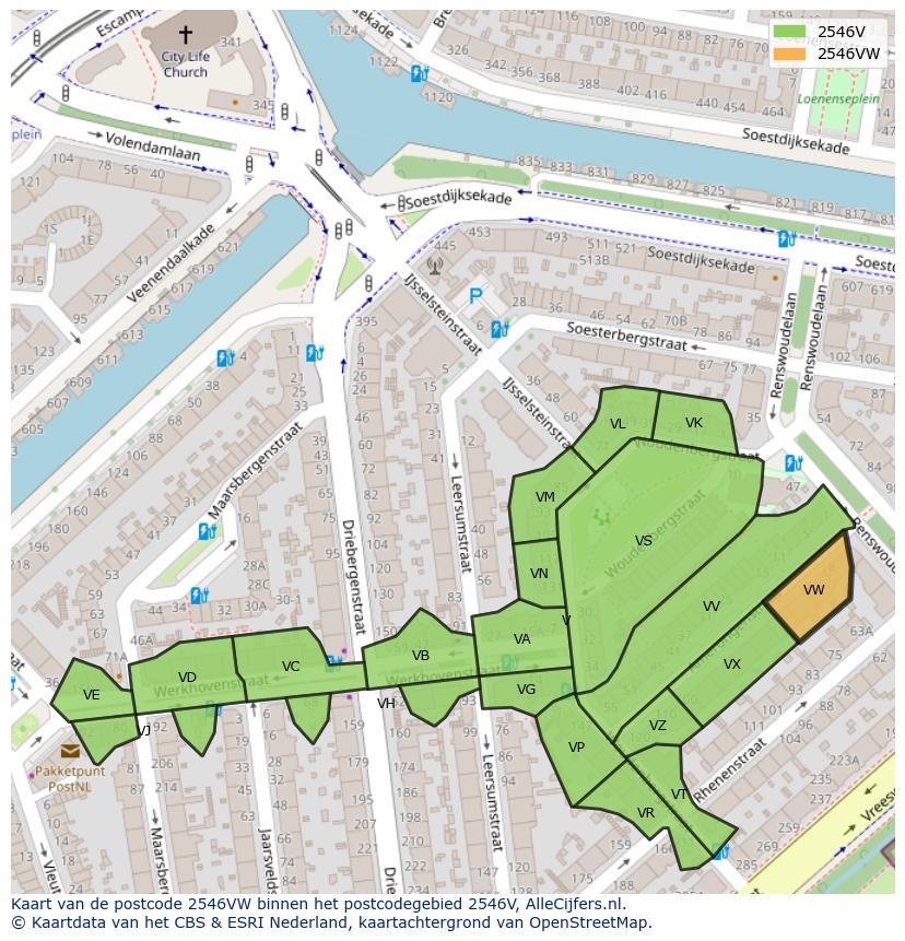 Afbeelding van het postcodegebied 2546 VW op de kaart.